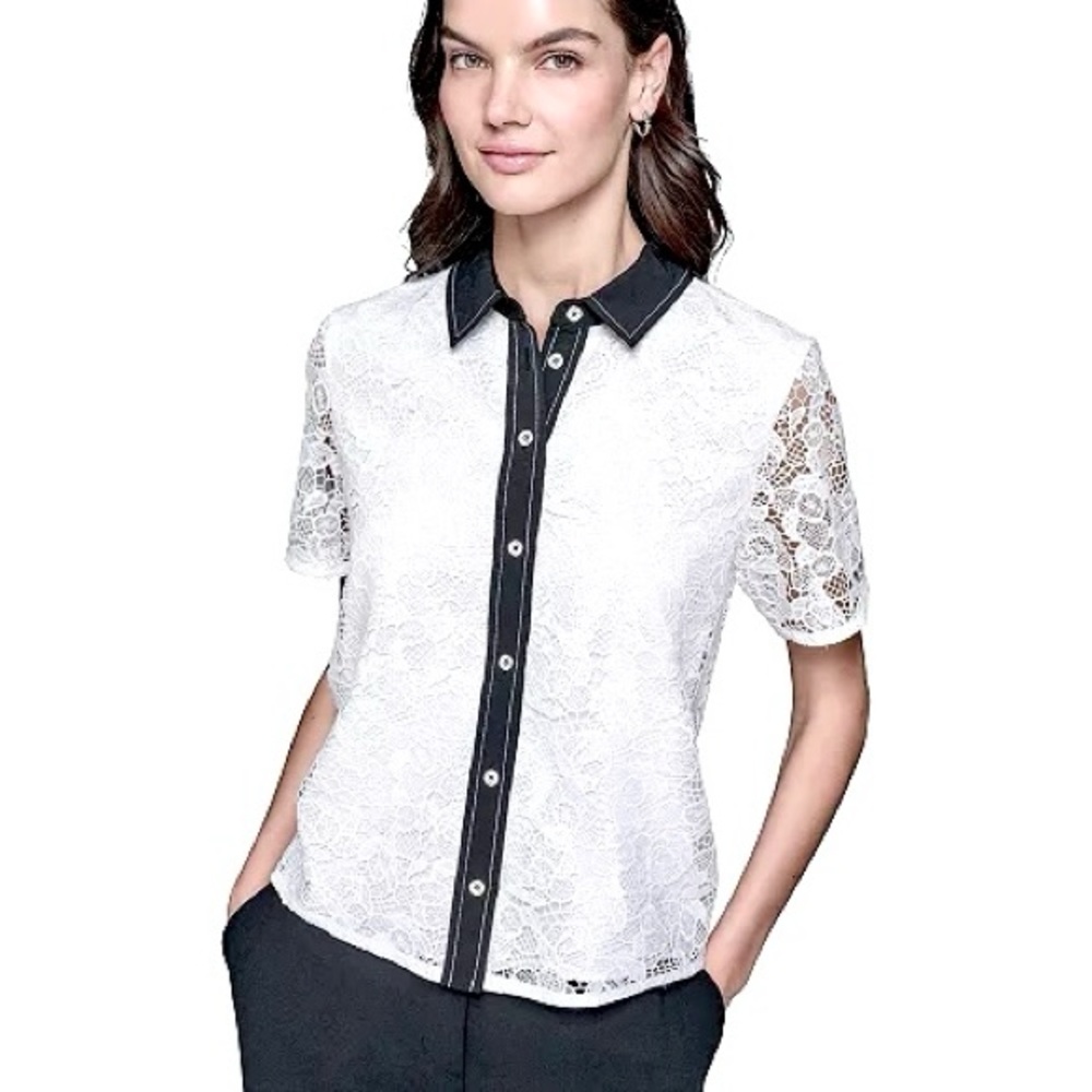 KARL LAGERFELD PARIS Lace Button-Up Blouse Contrast-Trim Point Collar - Picture 10 of 10